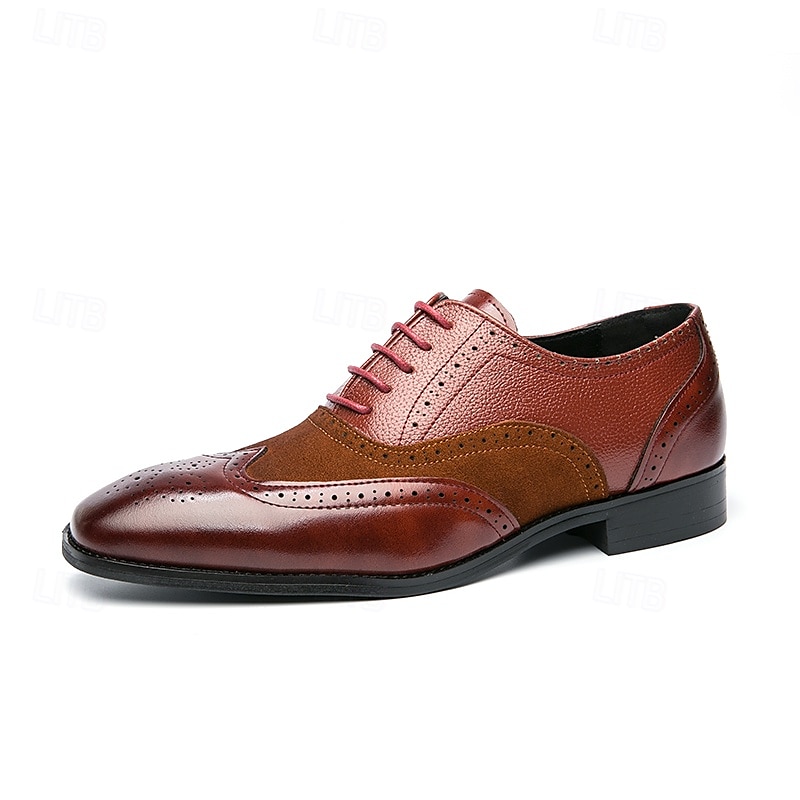sapatos oxford brogue bicolor masculinos – combinação de camurça e couro sintético com detalhes em bico fino para ocasiões formais e de negócios de 2025 por $46.99 –P5