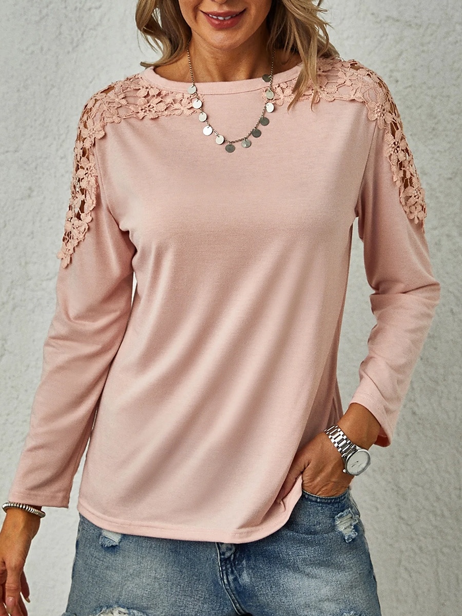 Mujer Camisa Blusa Color sólido Básico Casual Manga Larga Cuello Barco Tops regulares Diario Encaje Retazos Rosa Morado Gris Otoño Invierno 2025 - $21.99 –P7