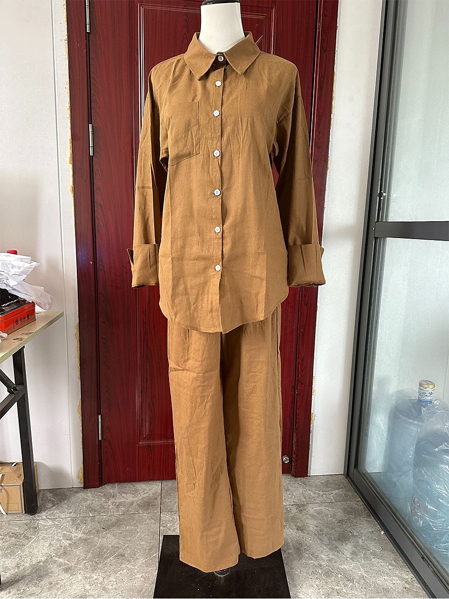 Pentru femei Zilnic Cămașă Seturi inspirate de in Seturi din două piese Pantaloni cu picioare largi Pantaloni Manșon Lung Guler Cămașă Culoare solidă Peteci În aer liber Mov Kaki Bej Primăvară 2025 - $36.99 –P4