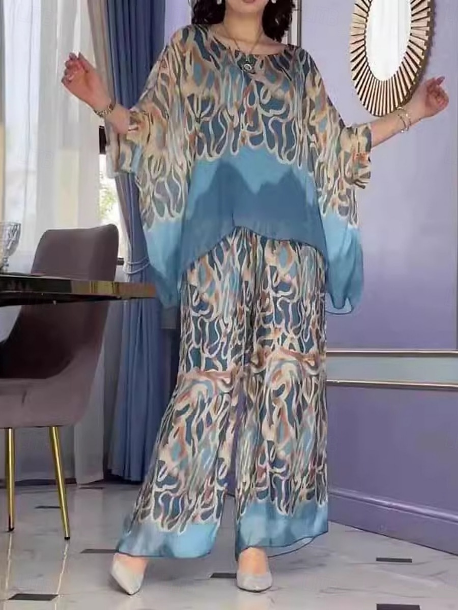 Women's Fashion Streetwear Daily T Shirt Wide Leg Pants 3/4 Length Sleeve Crew Neck Geometric Print Casual Daily Blue Summer Regular Fit 2025 - $41.99 –P2