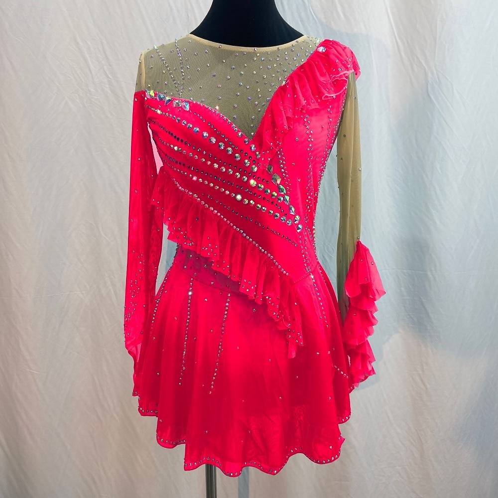 Robe de patinage artistique Femmes Fille Patinage Robe Rouge Bleu Roi Patchwork Trou de pouce Maille Spandex Élastique Entraînement Pratique Professionnel Tenue de Patinage cristal pailleté manche de 2025 ? $231.79 –P1