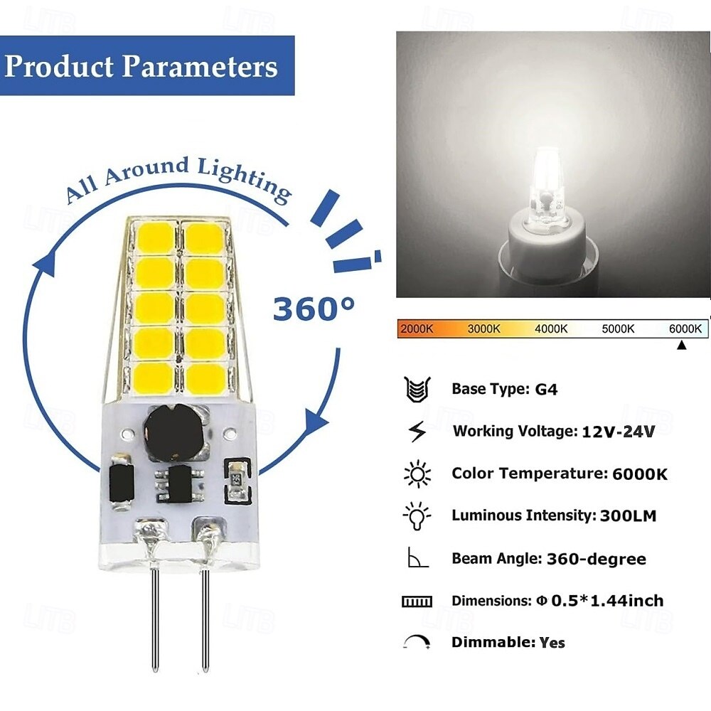 G4 Bi-Pin Base LED Light Bulbs 5W T3 JC Halogen Lamp Equivalent 30W AC/DC 12V 24V Dimmable LED Lights White Warm White for Chandelier Under Cabinet Lighting 10Pcs 2025 - $44.99 –P3