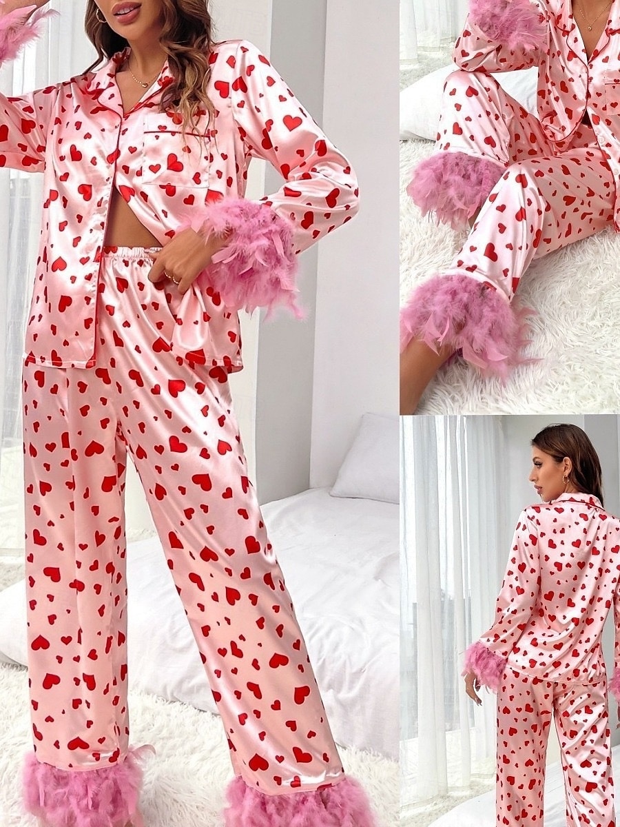 Women's Pajama Set Casual Comfort Heart Elastic Waist Shirt Pant Home Valentine's Day Daily Long Sleeve Shirt Collar Pink Summer Spring Fall Loose Fit 2025 - $57.99 –P2