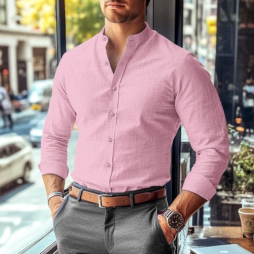 Men's Shirt Band Collar Shirt Summer Shirt Dress Shirt Button Up Shirt Solid Color Work Wear to work Black White Pink Blue Long Sleeve Collar Clothing Apparel 2025 - $27.99 –P7
