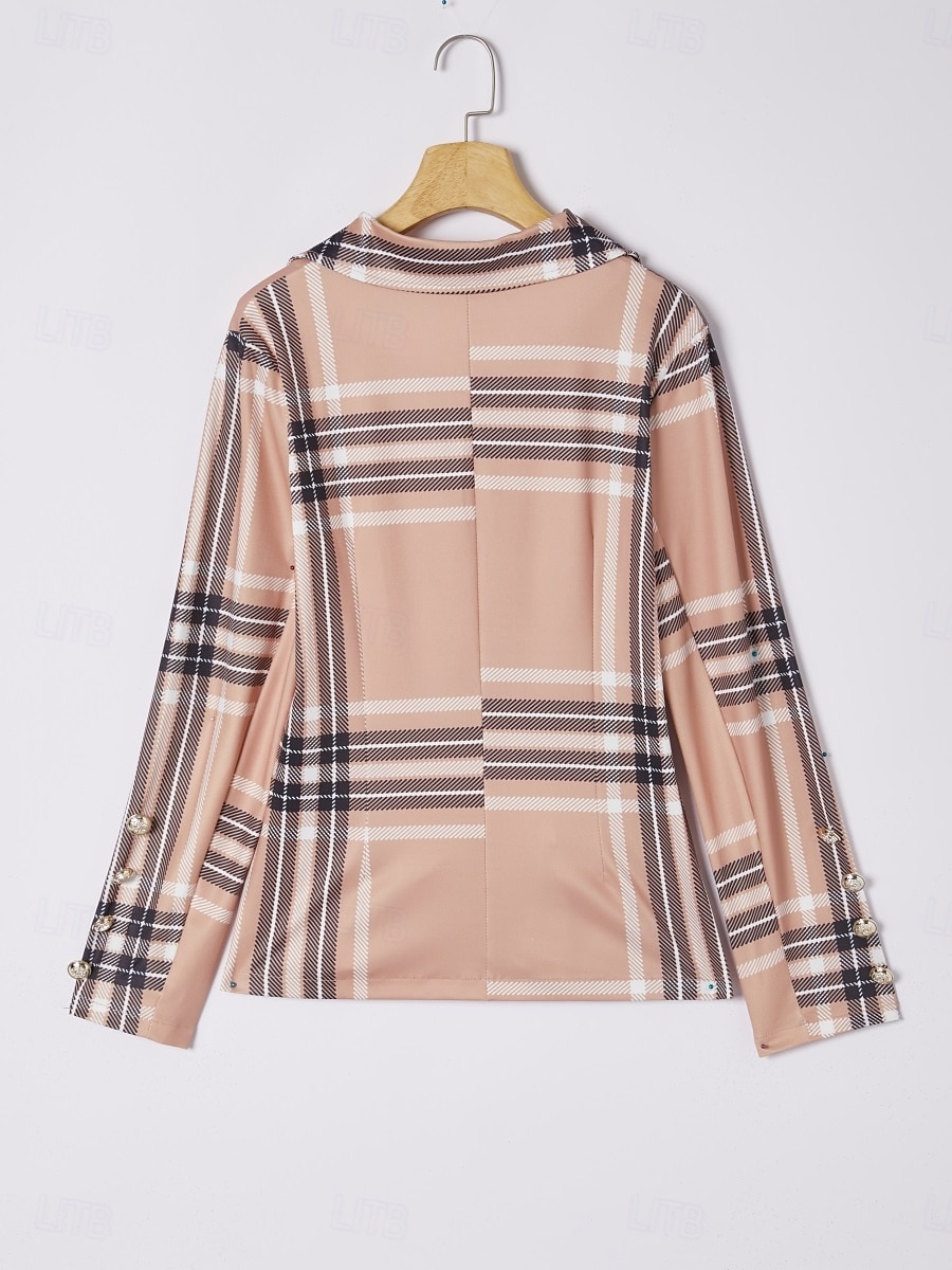 Dames Blazer Chinese Lange mouw Overhemdkraag Ruitjes Lapwerk Khaki Herfst Normale pasvorm 2025 - $37.99 –P3