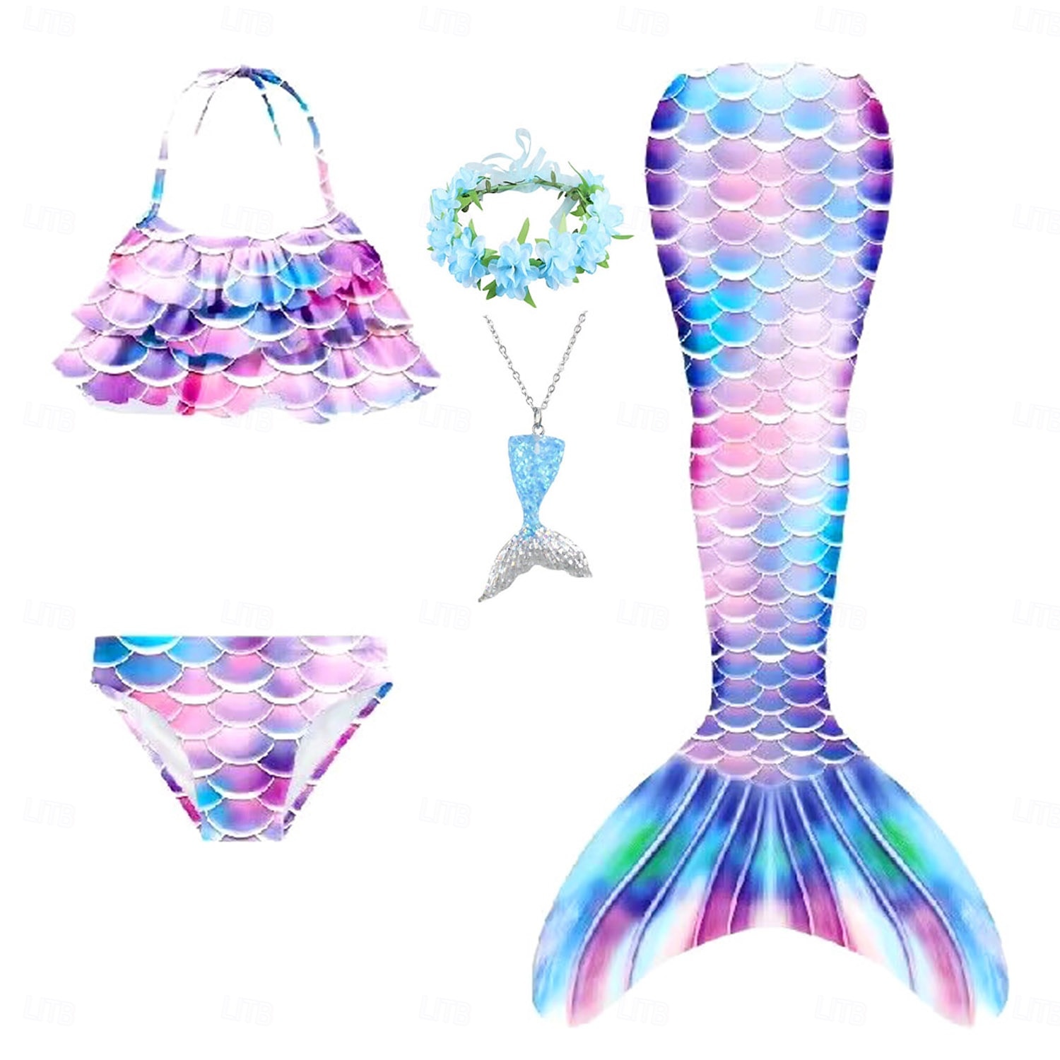Kinderen Voor meisjes Vijf stuk Zeemeermin zwemkleding Badmode Bikini Strand Zwemmen Regenboog Tie Dye leuke Style Badpakken 3-10 jaar Zomer Licht Blauw Kleurrijk 2025 - $30.99 –P10