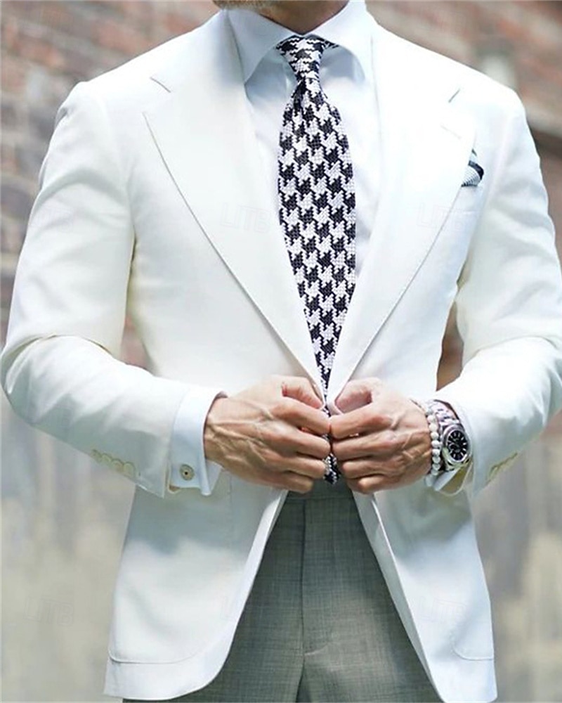 Homens Graduação Blazer O negócio Coquetel Festa de Casamento Moda Casual Primavera & Outono Poliéster Côr Sólida Bolsos Botões Confortável Não Trespassado Jaqueta esporte Branco de 2026 por $60.99 –P1