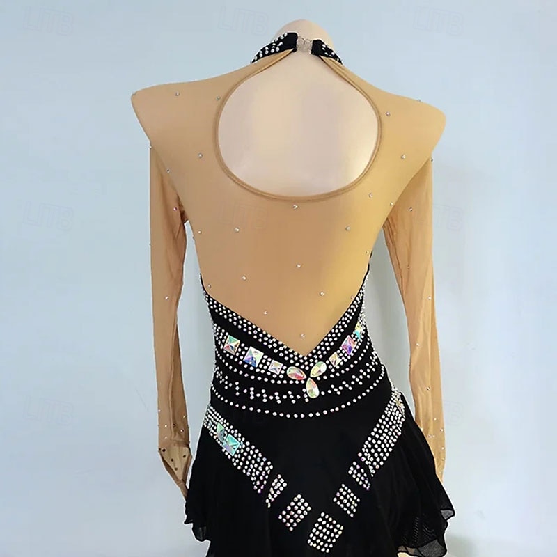 Vestido de patinaje artístico Mujer Chica Patinaje Sobre Hielo Vestidos Negro Retazos Dedo Pulgar Malla Alta elasticidad Entrenamiento Competición Ropa de Patinaje Clásico Cristal / Strass Manga Larga 2025 - $142.99 –P3