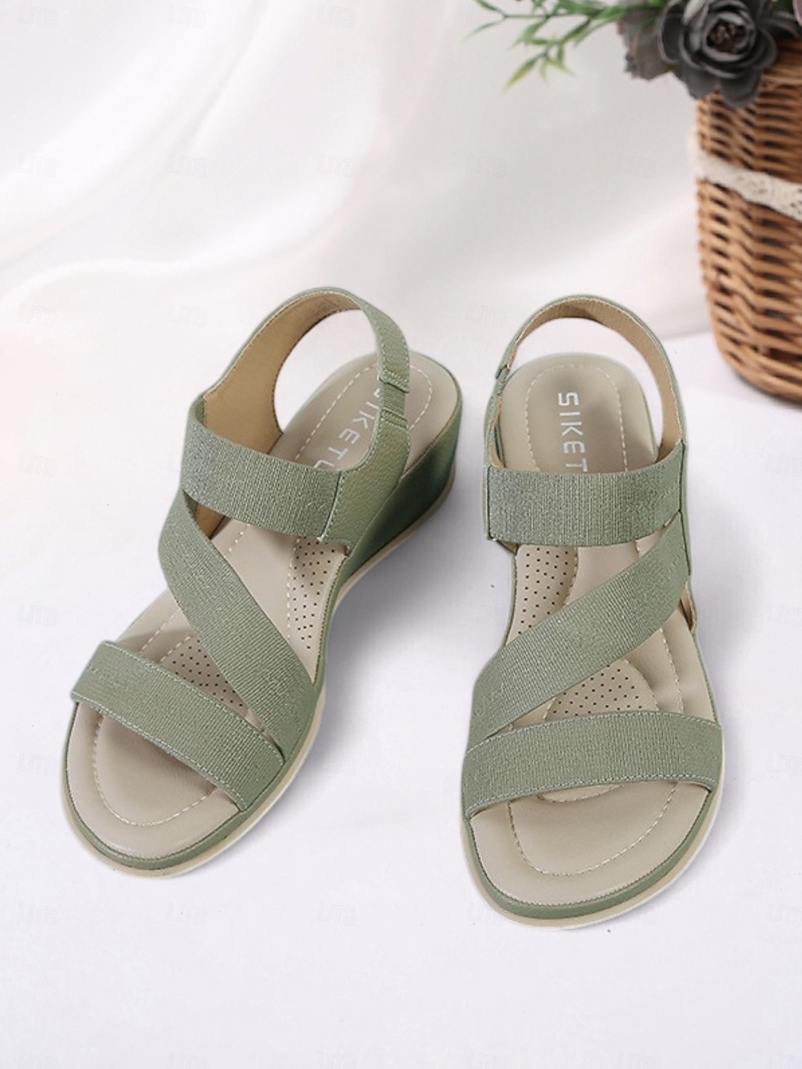 2025年 クッションソール付きレディースグリーン伸縮性ストラップウェッジサンダル - カジュアルウェアや旅行に最適な快適な夏用シューズ  コレクション – $34.99 –P4