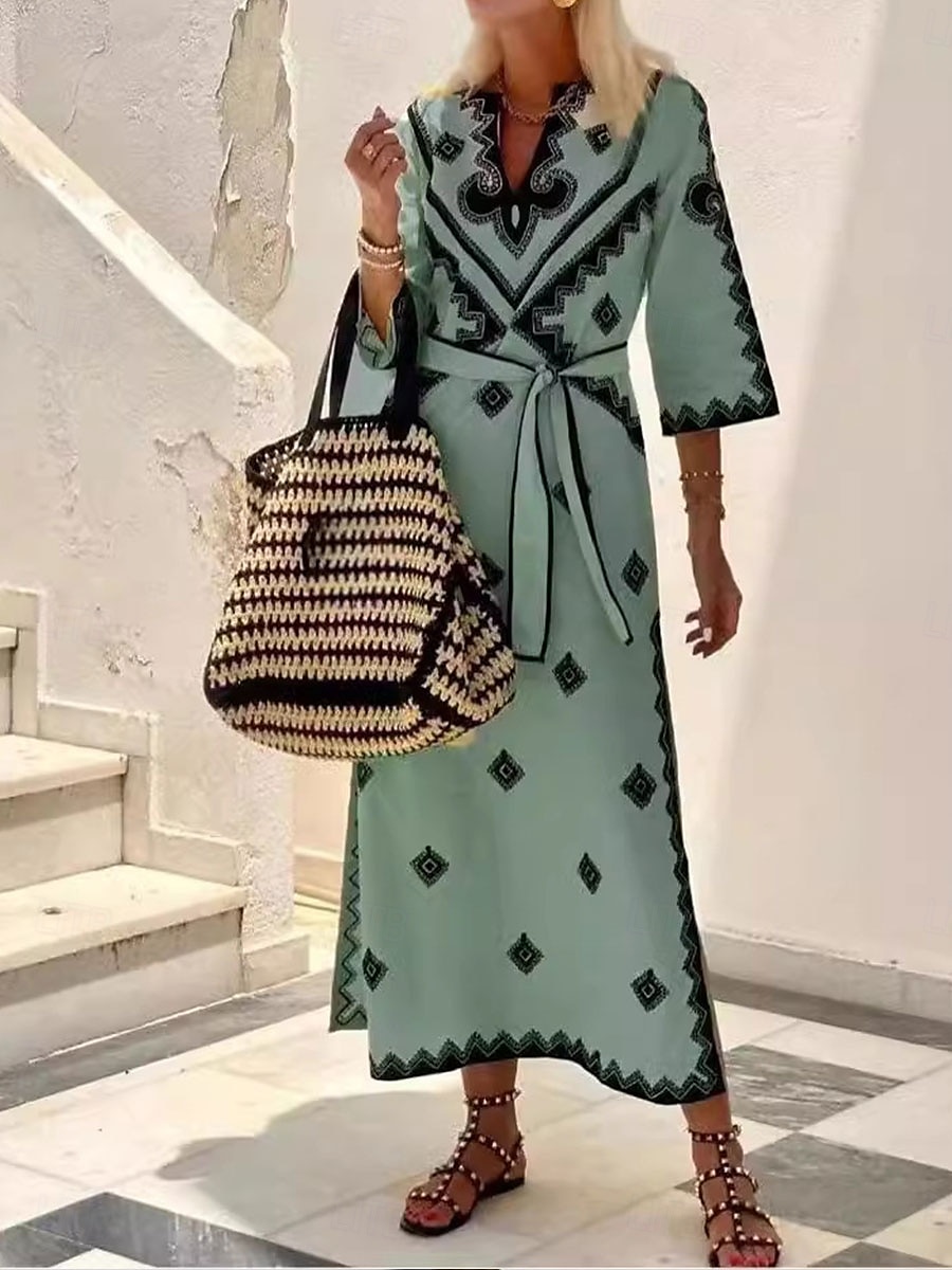 Damen Maxidress Boho Chic Kleider A Linie Kleid Elegant Böhmen Kuschelig Urlaub Täglich Strand Regular Fit Graphic Halbe Ärmel V Ausschnitt Grün Beige Grau Herbst Winter 2025 - $33.99 –P1