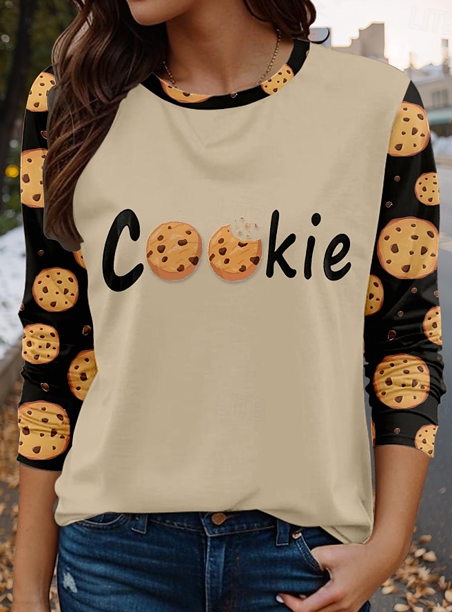 Dam T-shirt Grafisk Ledigt Långärmad Rund hals Vanliga toppar Dagligen Mönster Beige Vår Höst 2025 - $22.99 –P1