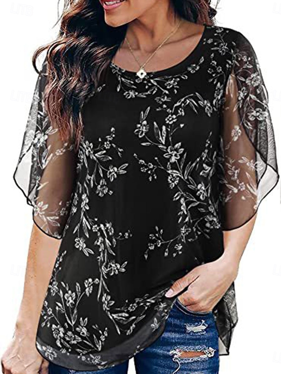 Damen Bluse Graphic Stilvoll Brautkleider schlicht 3/4 Ärmel Rundhalsausschnitt Normale Oberteile Urlaub Party Arbeit Schwarz Weiß Blau Frühling Herbst 2025 - $29.99 –P3