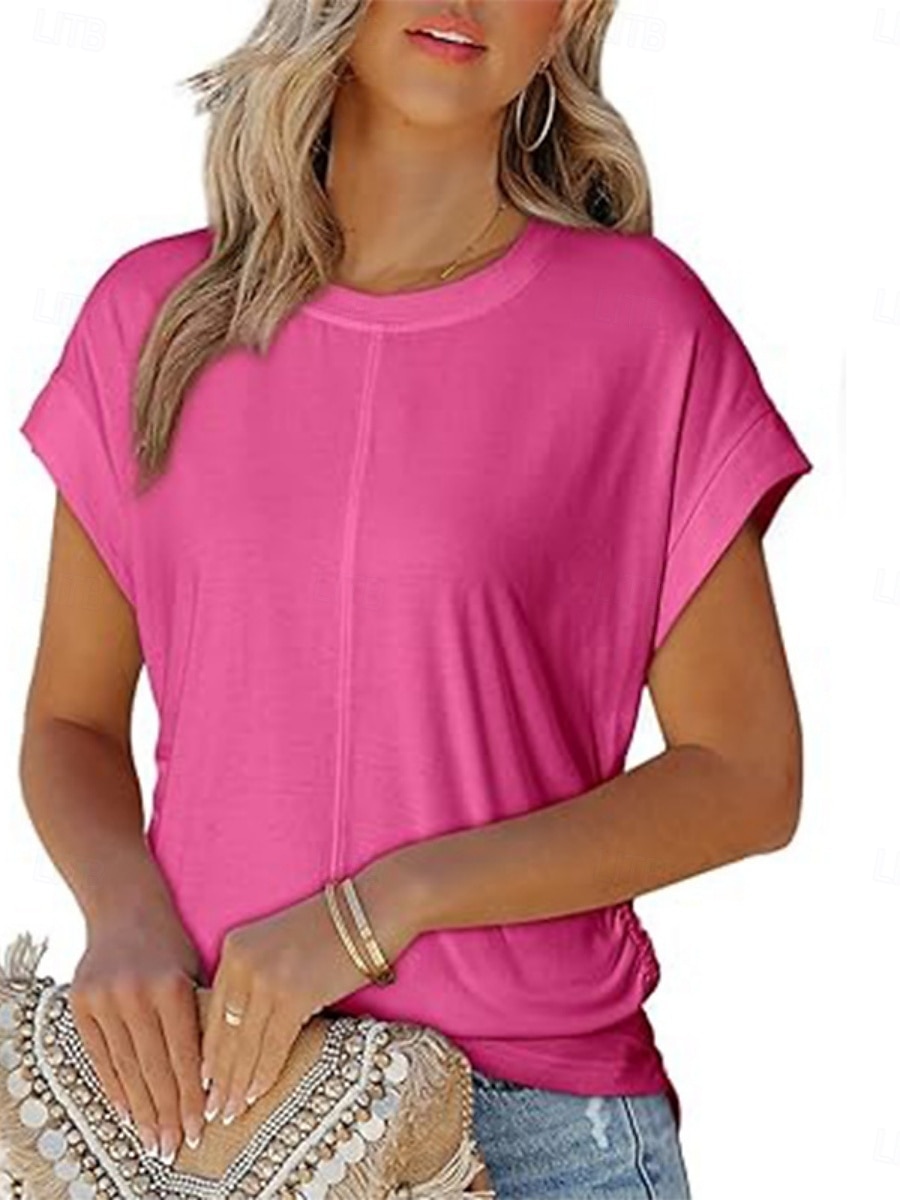 Dames Blouse Effen Kleur Basic Casual Korte mouw Strakke ronde hals Normale tops Dagelijks Wit Lichtgroen Fuchsia Zomer 2025 - $29.99 –P3