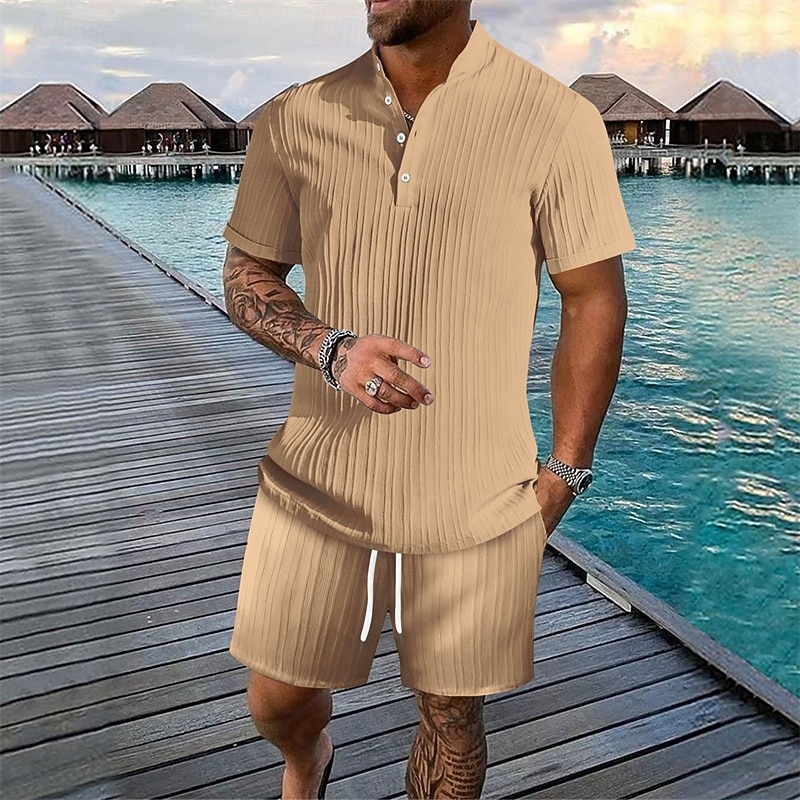 Herr 2 delar Skjorta set Sommar set Matchande set Casual skjorta Knapp upp skjorta Svart Vit Kungsblå Khaki grön Ljusblå Kortärmad Slät Krage Semester Dagligen Kläder Mode Ledigt Bekväm 2026 - $35.99 –P3