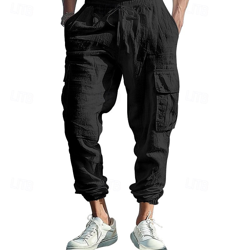 Herr Linne Byxor Cargo joggare Långbyxor Sommarbyxor Snörning Elastisk midja Flera fickor Slät Komfort Andningsfunktion Fullängd Utomhus Ledigt Dagligen Mode Klassisk Stil Svart Vit 2025 - $25.99 –P11