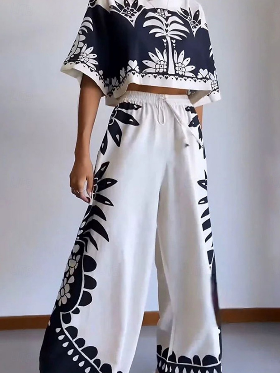 Women's Blouse Wide Leg Pants 3/4 Length Sleeve Crew Neck Floral Drawstring Fashion Streetwear Daily Casual Daily White Spring &  Fall Regular Fit 2026 - $47.99 –P1