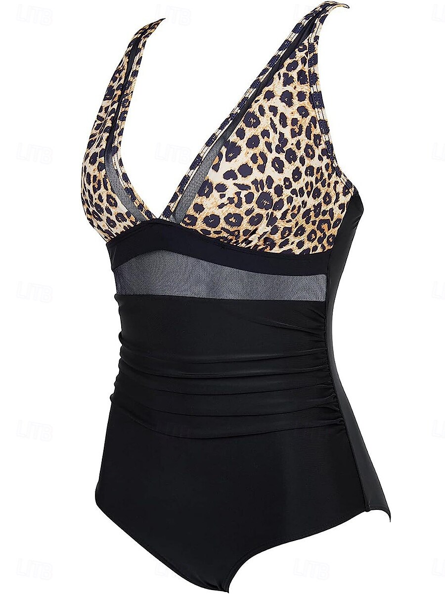 Femme Maillots de Bain Une pièce Maillot de bain Dos Nu Patchwork Rétro Vintage Mode Léopard Col V Sans Manches Maillots de bain de 2025 ? $29.99 –P2
