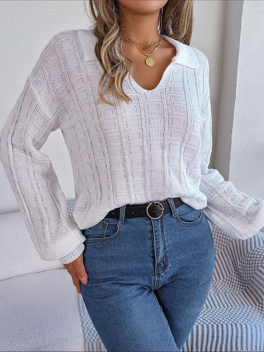 Women's Sweater Casual Soft Pure Color Ribbed V Neck Knitted Long Sleeve Regular Tops Knit Outdoor Daily Weekend White Orange Spring Fall 2025 - $33.99 –P10