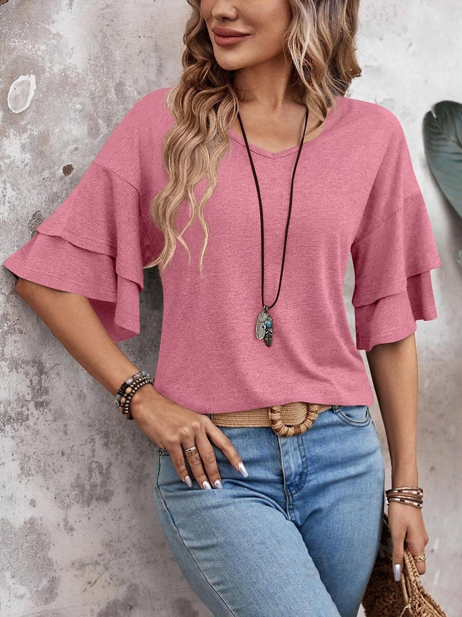 Dame T skjorte عادي Mote Moderne Fritid 3/4 ermer V-hals Vanlige topper Daglig Helg Drapering Rosa Navyblå Kakifarget Sommer Vår 2025 - $29.99 –P10