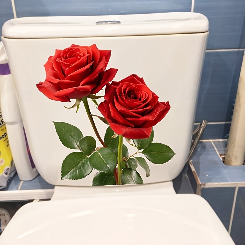 rød rose romantisk toalettklistremerke, dekorativt klistremerke på badet toalettsete, dekorativt veggklistremerke på badet, baderomsdekorasjon, hjemmedekorasjon 2025 - $6.49 –P5