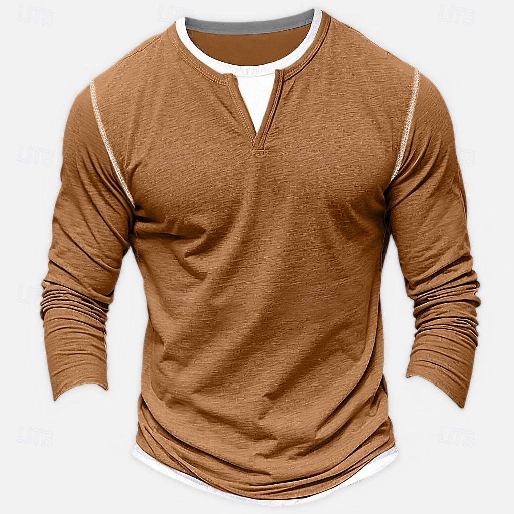 Herr Skjorta T-shirt med V-ringad Långärmad tröja Bambu-t-shirt Långärmad V-hals Vår & Höst Ensfärgat Lappverk Dagligen Ledigt Gatustil falska två stycken Utomhus Gata Casual Ljusblå Ljusgrön Mörkgrå 2025 - $25.99 –P5