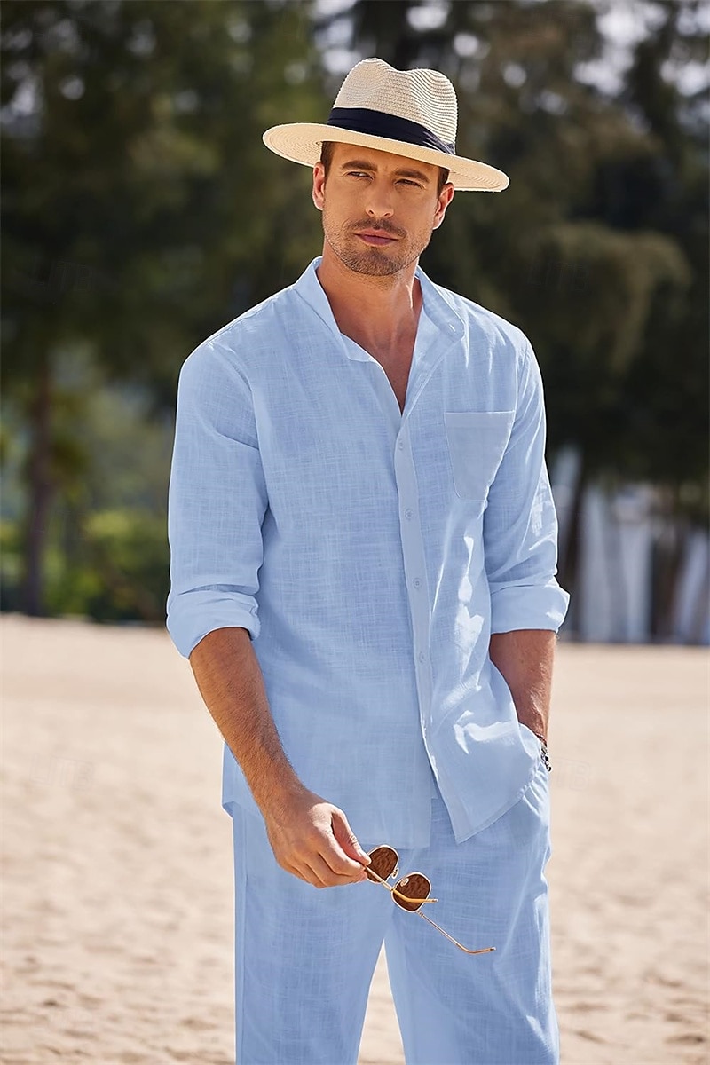 Men's 2 Piece Shirt Set Summer Shirt Matching Sets Beach Shirt Button Up Shirt Plain Vacation Casual Black White Blue Khaki Long Sleeve Collar Spring & Summer Clothing Apparel 2025 - $46.99 –P6