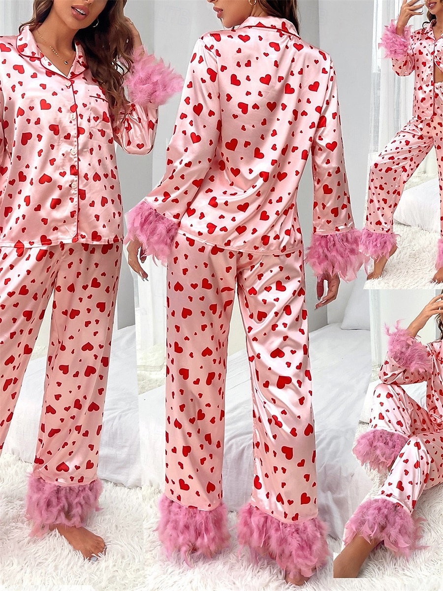 Women's Pajama Set Casual Comfort Heart Elastic Waist Shirt Pant Home Valentine's Day Daily Long Sleeve Shirt Collar Pink Summer Spring Fall Loose Fit 2025 - $57.99 –P3