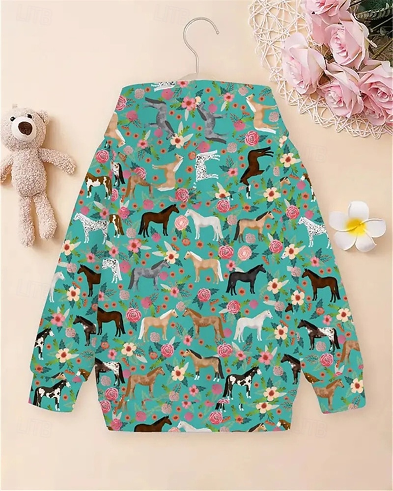 Flickor 3D Blommig Grafisk Häst Huvtröja Långärmad Vår Höst Mode Streetwear Barn 4-12 år Huva Utomhus Ledigt Dagligen Normal 2025 - $18.99 –P2