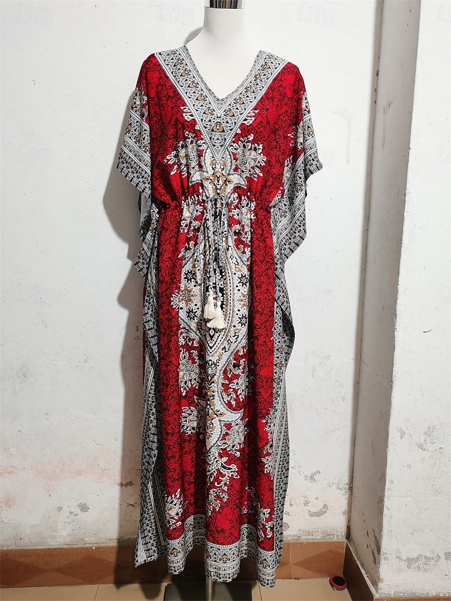 Dam Maxiklänning Vardagsklänning Boho Chic klänningar Boho-klänning bohemliv söt stil Stylish Semester Dagligen Strand Lös passning Grafisk Kortärmad V-hals Rubinrött Blå Sommar Vår Höst 2025 - $38.99 –P6
