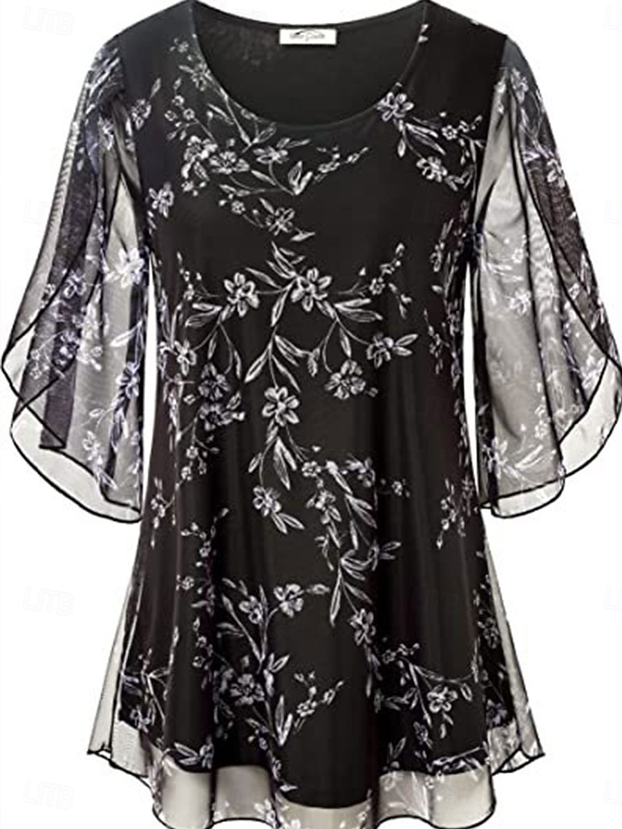 Damen Bluse Graphic Stilvoll Brautkleider schlicht 3/4 Ärmel Rundhalsausschnitt Normale Oberteile Urlaub Party Arbeit Schwarz Weiß Blau Frühling Herbst 2025 - $29.99 –P5