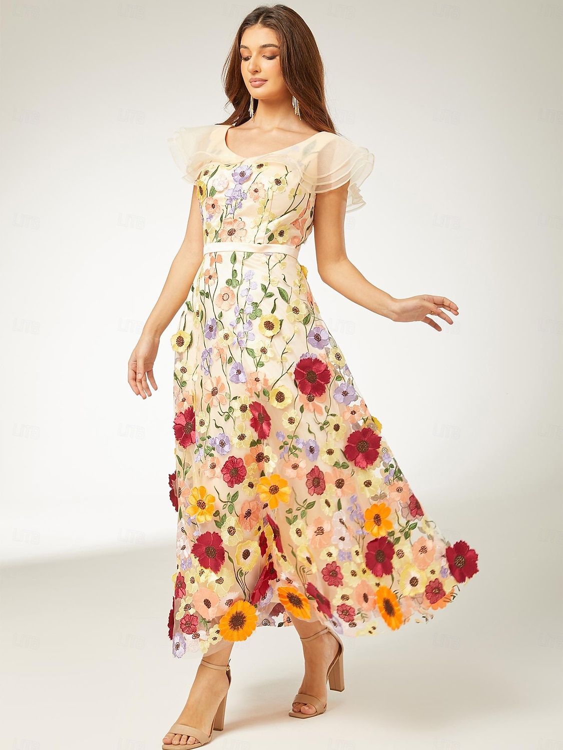 Vestidos de Cóctel A-Line Boda en la Playa Elegante Vestido Invitado de Boda Uso de Fiesta Hasta el Tobillo Sin Mangas Escote en V Encaje con Volantes Aplicaciones Vestidos 2025 - $231.99 –P3