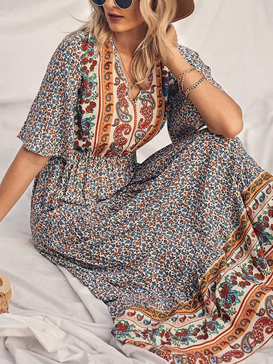 Dámské Maxi šaty Volnočasové šaty Swingové šaty Áčkové šaty Boho šaty Na běžné nošení Denní Běžný Květinový Poloviční rukáv Do V Žlutá Rubínově červená Vodní modrá Léto Jaro Podzim 2025 - $33.99 –P4