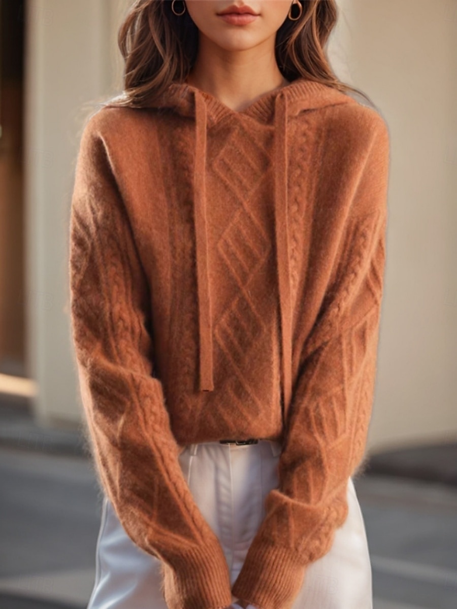 Women's Sweater Casual Soft Pure Color Cable Hooded Knitted Long Sleeve Regular Tops Knit Outdoor Daily Weekend Camel Brown Fall Winter 2025 - $29.99 –P1
