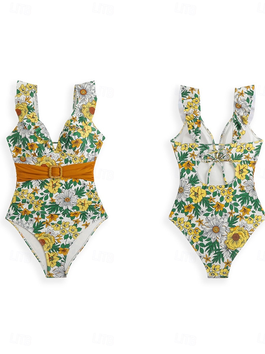 Femme Maillots de Bain Une pièce Maillot de bain Dos Nu Patchwork Tropique Le style mignon Floral Graphic Col V Sans Manches Maillots de bain de 2025 ? $31.99 –P4