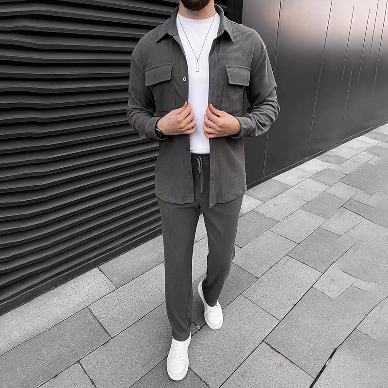 Per uomo 2 pezzi Completo di camicia Set abbinati Maglietta informale Camicia di velluto a coste Camicia con bottoni Nero Marrone Verde Kaki Grigio Manica lunga Liscio Colletto Strada Giornaliero del 2025 a $47.99 –P7