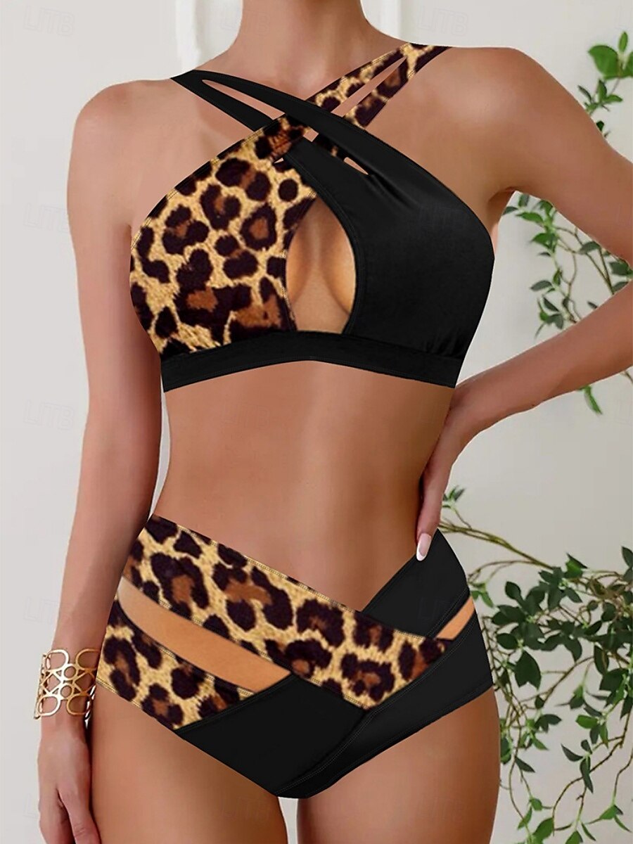 Dam Badkläder Bikini 2 st Kalsonger Baddräkt Öppen rygg Utklippt Smal Hög midja Semester Standkläder Leopard V-hals Ärmlös Baddräkter 2025 - $29.99 –P1
