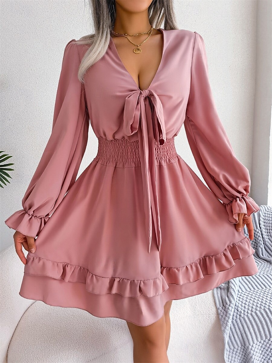Mujer Mini vestido Vestido informal Vestido de una línea Elegante Estilo lindo Casual Vacaciones Fiesta Diario Ajuste regular Plano Manga Larga Escote en Pico Blanco Rosa Azul Piscina Primavera Otoño 2025 - $35.99 –P3