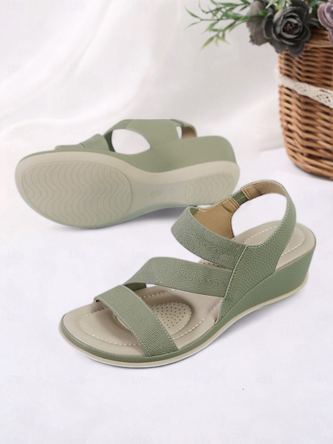 2025年 クッションソール付きレディースグリーン伸縮性ストラップウェッジサンダル - カジュアルウェアや旅行に最適な快適な夏用シューズ  コレクション – $34.99 –P5