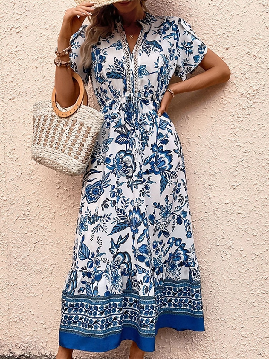 Damen Maxidress Casual kleid Schaukelkleid A Linie Kleid Boho-Kleid Brautkleider schlicht Täglich Regular Fit Blumen Halbe Ärmel V Ausschnitt Blau Sommer Frühling 2025 - $35.99 –P6