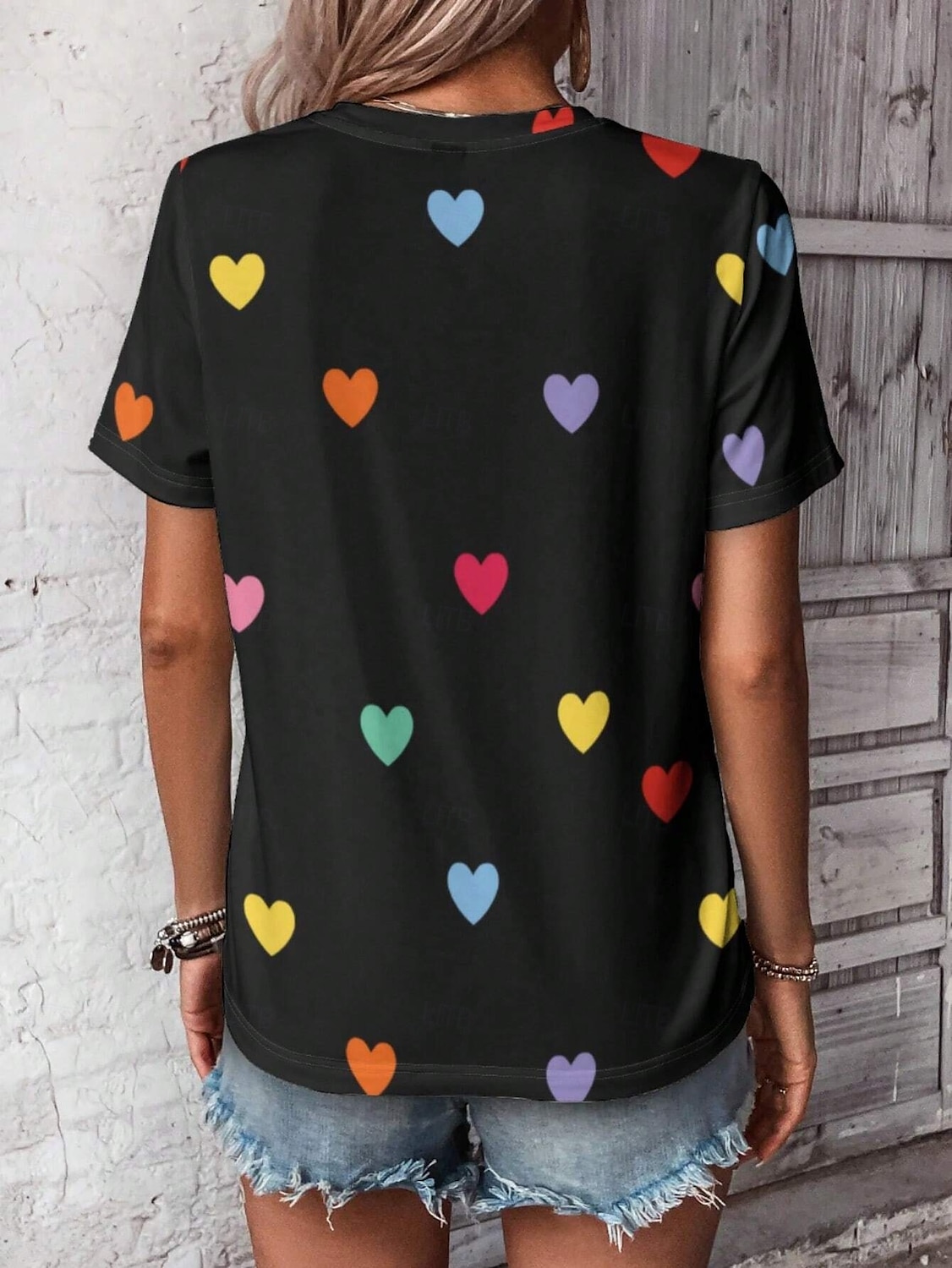Tricou pentru femei inimă drăguț topuri regular mânecă scurtă guler rotund imprimeu regular fit zilnic negru alb vară 2025 - $19.99 –P3