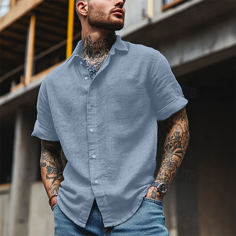 Cotone e lino Classico Per uomo Camicia camicia di lino Camicia estiva Camicia da spiaggia Camicia con bottoni Nero Bianco Blu Manica corta Liscio Collo ripiegabile Estate Da mare Per eventi del 2025 a $25.99 –P1