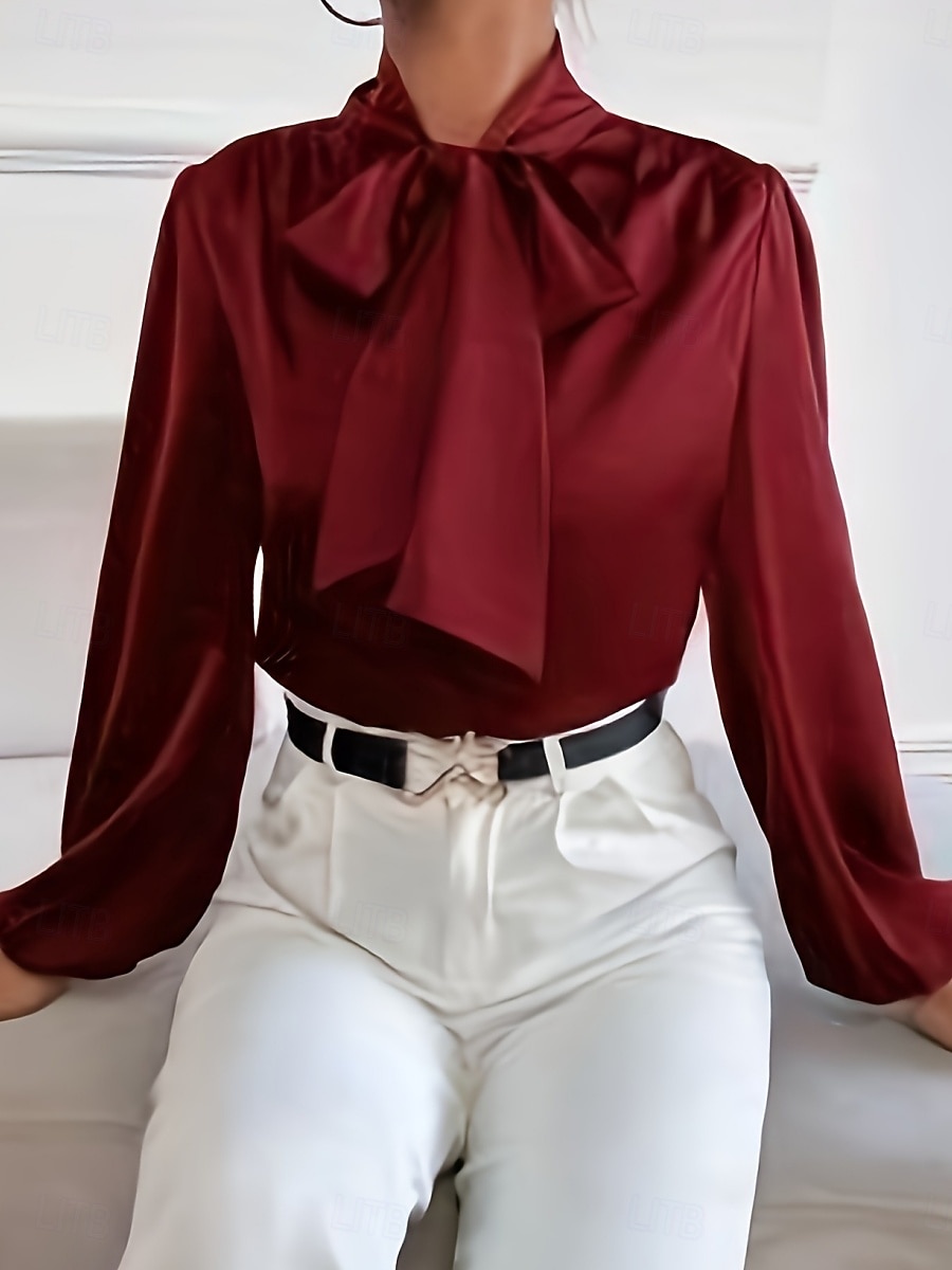 Women's Shirt Elegant Dressy Satin Solid Color Business Modern Casual Long Sleeve Shirt Collar Regular Tops Work Formal Wear Bow Wine Navy Blue Summer Spring 2025 - $34.99 –P1