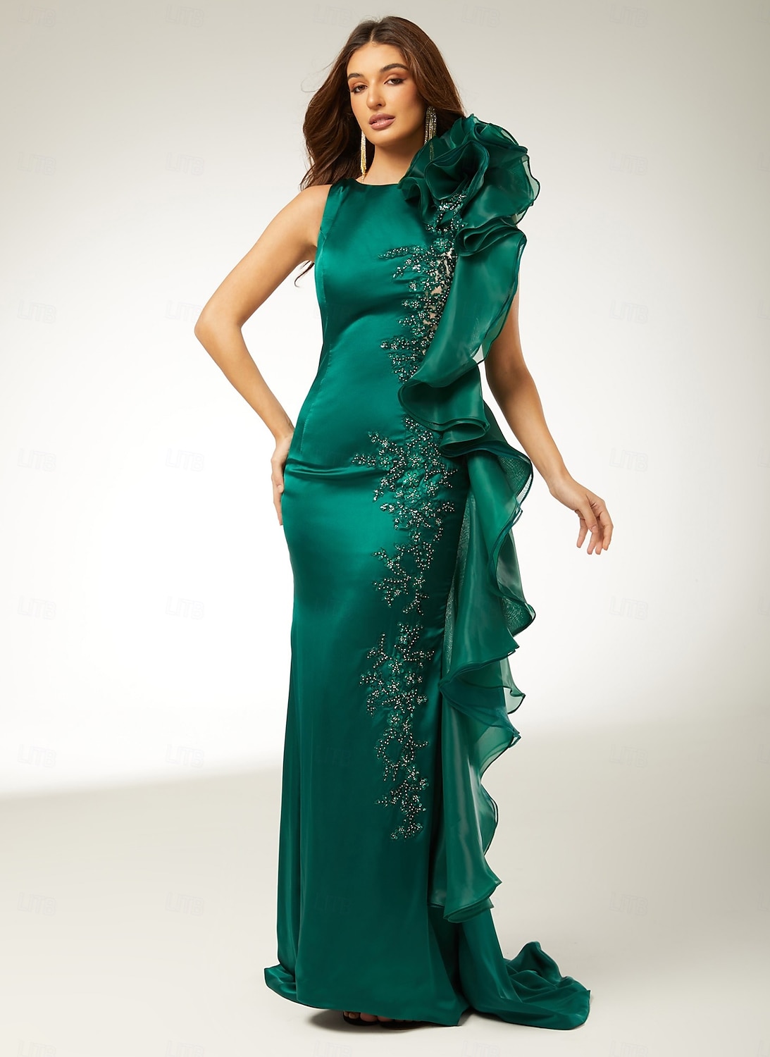 Meerjungfrau/Trompete Abendkleid elegantes Kleid Verlobung Sweep/Pinselschleppe ärmellos bodenlang Rundhals Herbst Hochzeitsgast Stretch Satin mit Applikationen 2025 2025 - $183.99 –P1