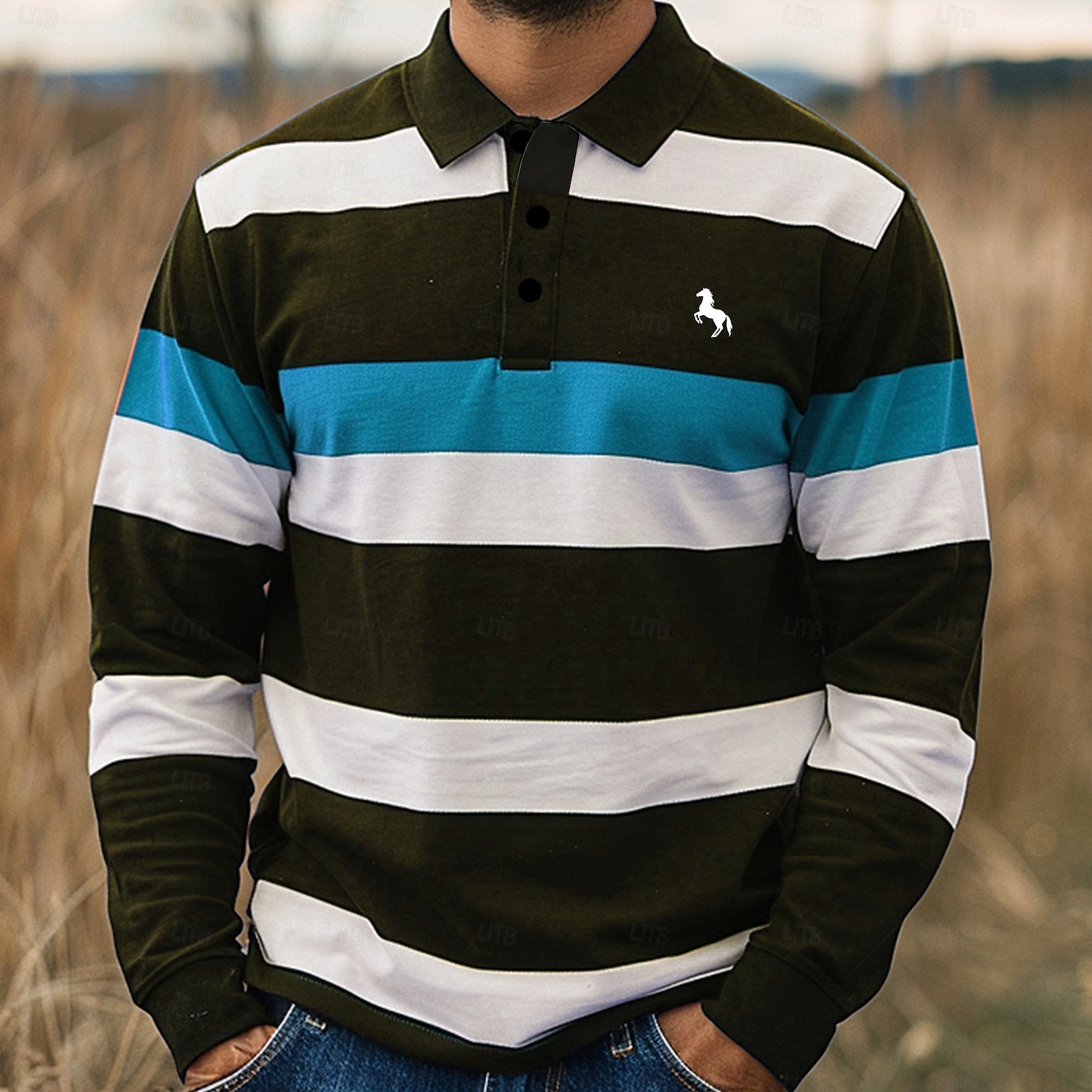 Herr Randig Rugby pikétröjor Långärmad Polotröjor Krage Business Casual Formell Utomhus Gata Vardag Knappar 3D-utskrift Vår Höst Vinter Rubinrött Blå Purpur 2025 - $22.99 –P2