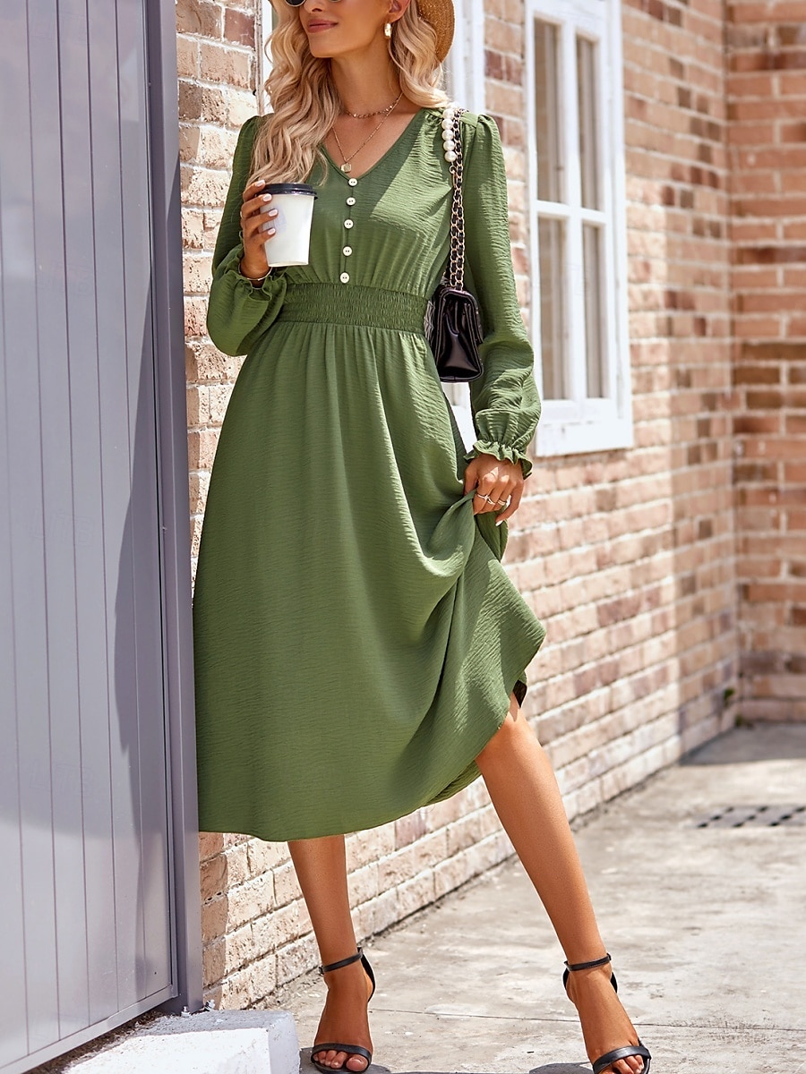 Damen Midikleid Casual kleid A Linie Kleid Stilvoll Basic Brautkleider schlicht Urlaub Täglich Regular Fit Glatt Langarm V Ausschnitt Schwarz Armeegrün Sommer Frühling 2025 - $38.99 –P9