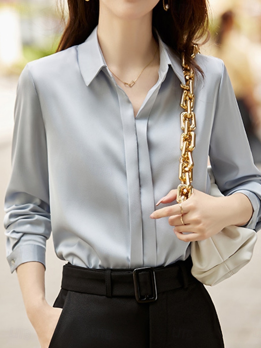 Dames Overhemd Blouse Effen Kleur Basic Casual Lange mouw Overhemdkraag Normale tops Dagelijks Knop Wit Groen Grijs Herfst Winter 2025 - $36.99 –P6