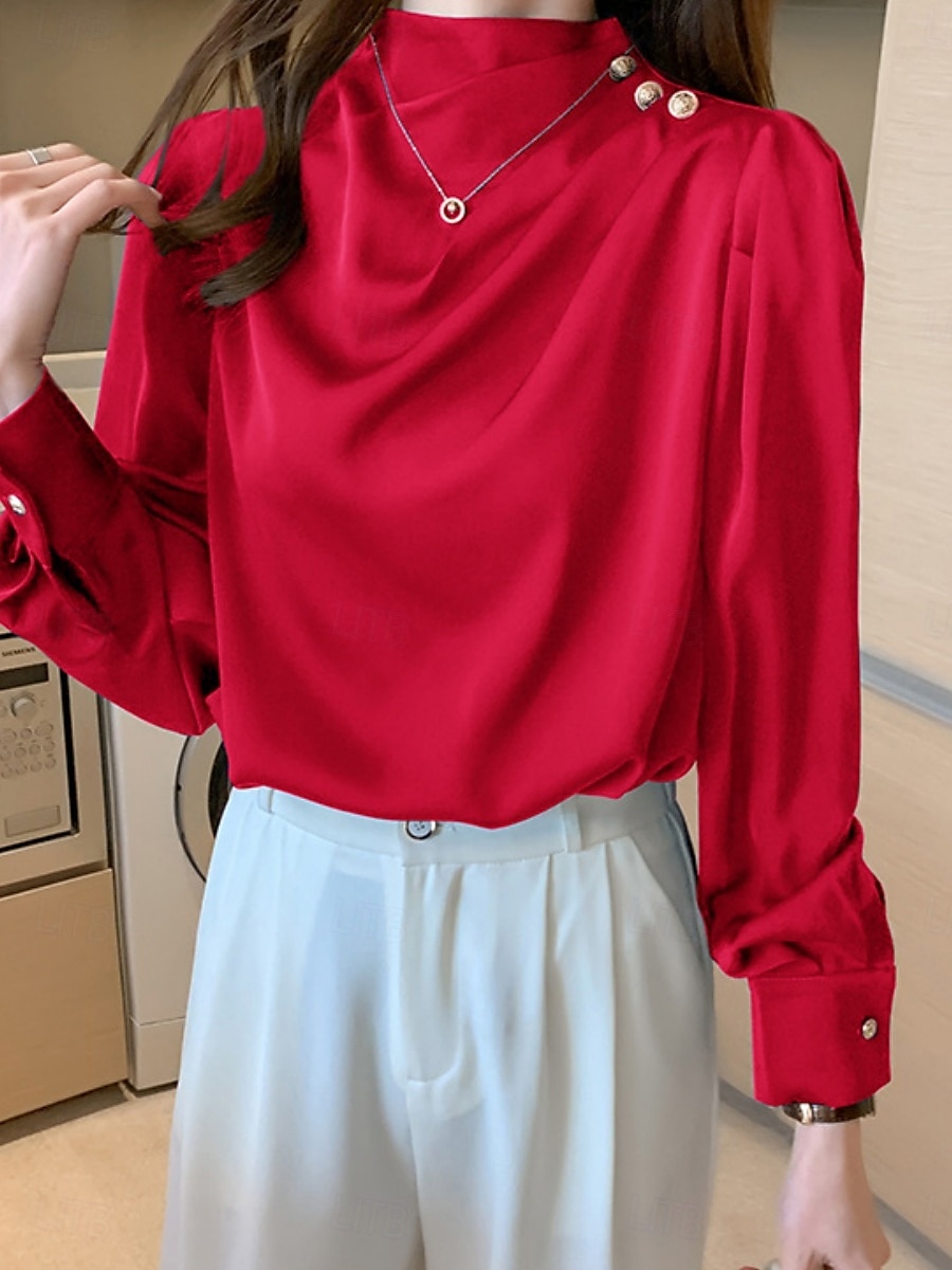 Damen Hemd Bluse Feste Farbe Basic Brautkleider schlicht Langarm Rollkragen Normale Oberteile Täglich Rüschen Weiß Rote Blau Sommer Frühling Herbst 2025 - $23.99 –P1