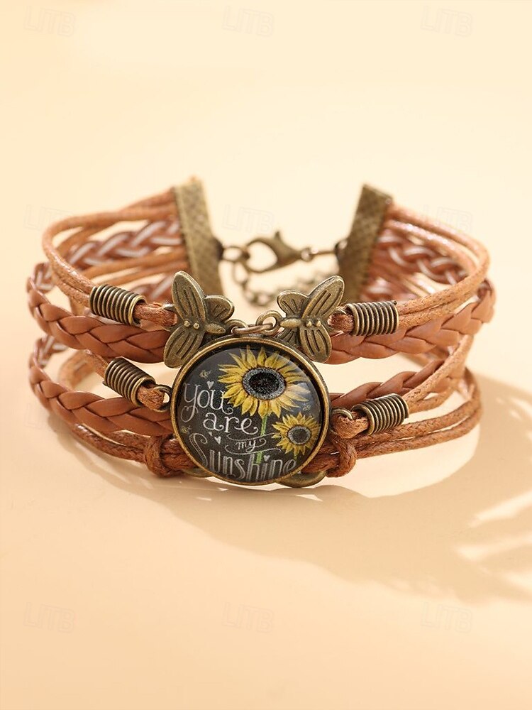 Bracelet en similicuir avec breloque tournesol et motif tressé et citation inspirante – bijoux de style bohème pour femmes, parfaits pour les cadeaux et les tenues décontractées de 2025 ? $7.99 –P2