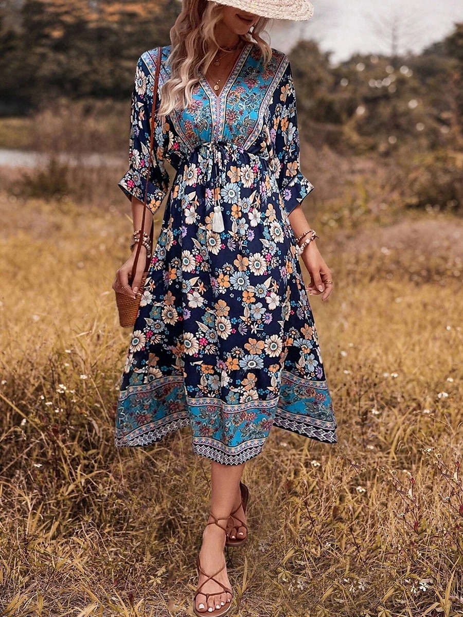 Women's Midi Dress Casual Dress A Line Dress Boho Dress Boho Wedding Guest Dress Ethnic Casual Vacation Daily Regular Fit Floral 3/4 Length Sleeve V Neck Black Navy Blue Light Blue Spring Fall 2025 - $35.99 –P12