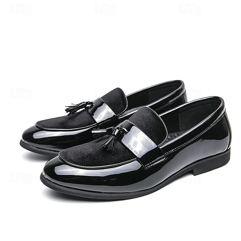 Men's Black Patent Faux Leather Tassel Loafers – Velvet Accent Slip-On Dress Shoes for Wedding and Formal Wear 2025 - $46.99 –P3